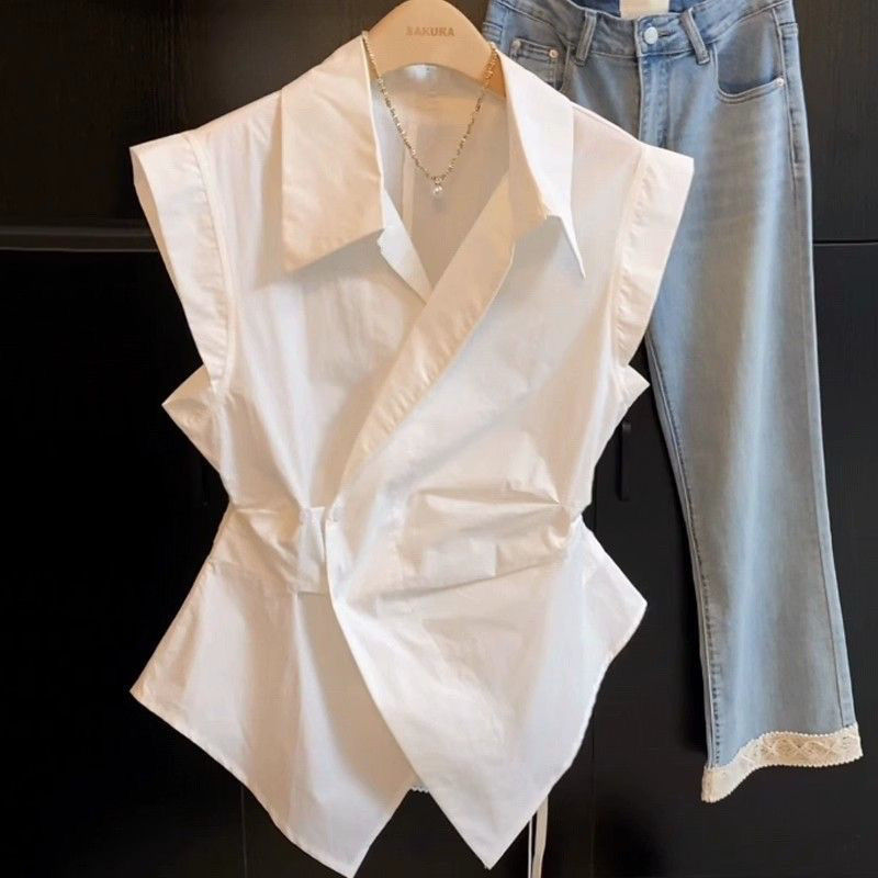 French-Style Pleated Irregular Polo Collar Waist-Cinching Sleeveless Shirt Women's Summer New Stylish Lace-Up Vest Top