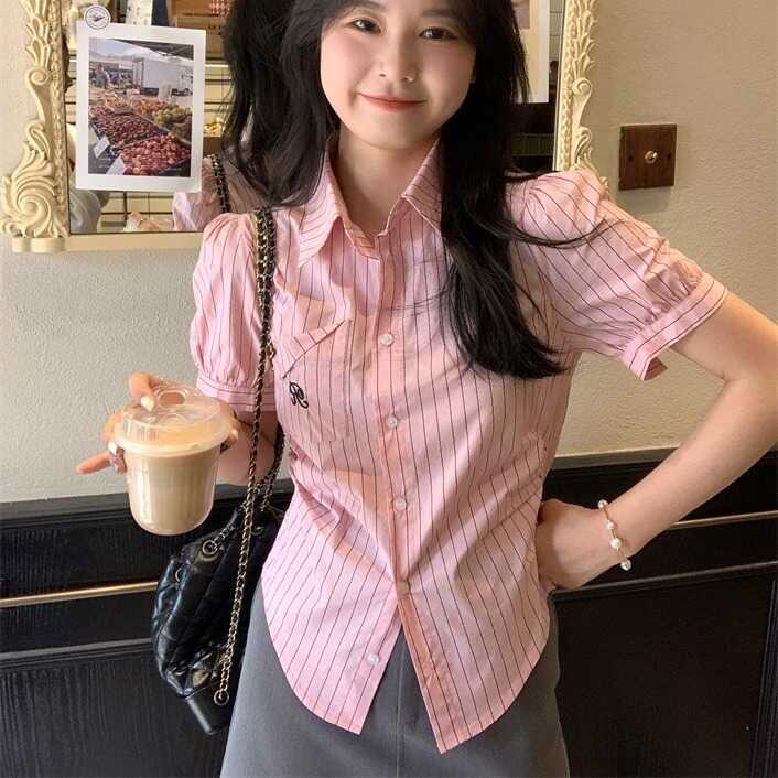 Polo Collar College Style Striped Embroidered Shirt for Women, New Summer Style, Waist-Cinching, Slimming, Stylish Design, Niche Top