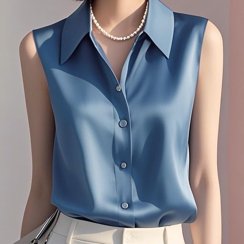 Satin Polo Collar Vest Shirt for Women, New Summer Style, Loose Fit, Suitable for Commuting, Elegant, Simple, Unique and Chic Sleeveless Top