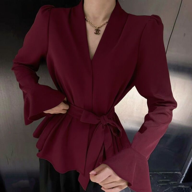 French-Style Irregular Tie Long-Sleeve Shirt for Women, New Spring and Autumn Fashionable Bell-Sleeve Waist-Cinching Slim-Fit Blouse Top French-Style Irregular Tie Long-Sleeve Shirt for Women, New Spring and Autumn Fashionable Bell-Sleeve Waist-Cinching Slim-Fit Blouse Top