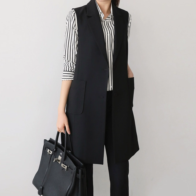 Phiên bản hàn quốc của mùa xuân mới vest vest phần dài là áo khoác nữ mỏng màu đen size lớn phiên bản rộng rãi áo ghi lê mỏng - Áo vest