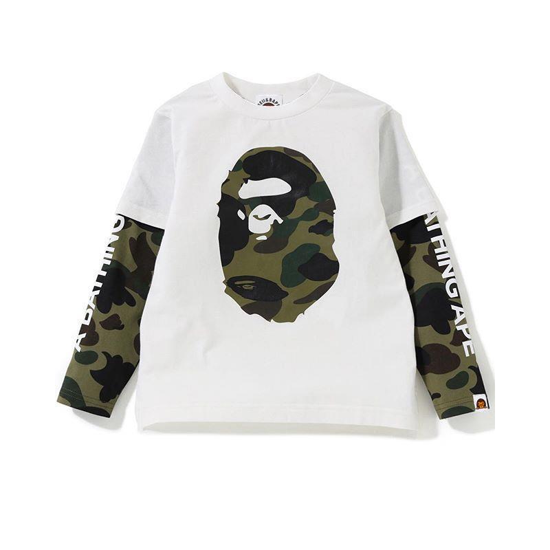 Japanese Trendy Brand Bape Autumn 2024 New Collection Unisex Children's Clothing Cotton Faux Two-Piece Camouflage Long-Sleeve T-Shirt Thin Sweatshirt