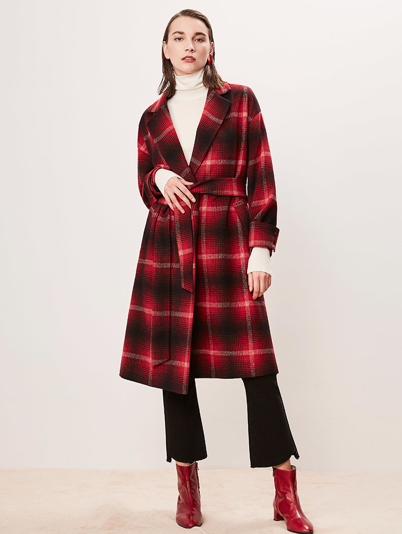 Naivee / Nawei 2018 mùa đông mới của phụ nữ kẻ sọc Scotland thắt lưng bằng len dài áo dạ hàn quốc đẹp