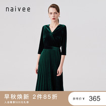 naivee 2021 new temperament intellectual velvet V-neck wrap-up waist mid-length pleated dress female