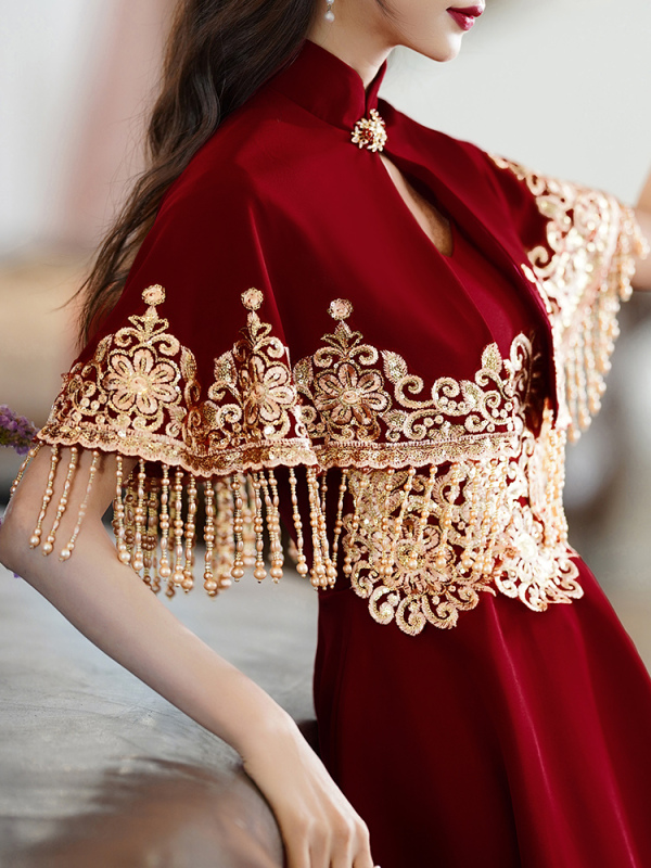 Wedding Dress for the Bride, Burgundy Formal Dress, Engagement Elegant Long-Sleeved Chinese-Style Xiuhe Dress, Petite Long Dress for Winter