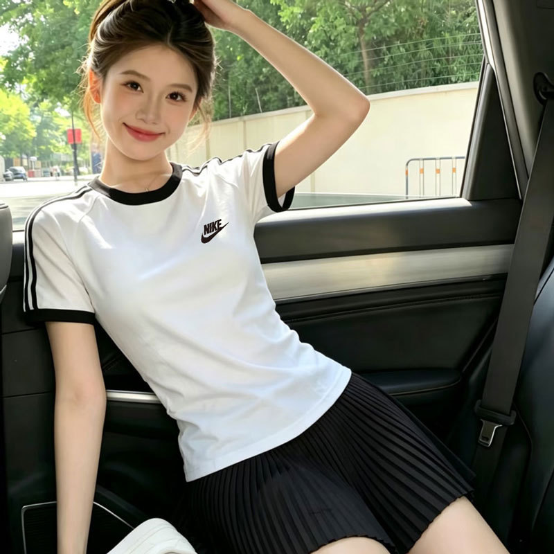 Nike Women's Sports Style Short-Sleeved Slim-Fit Versatile Round-Neck Color-Block T-Shirt Striped Trendy Casual Top New