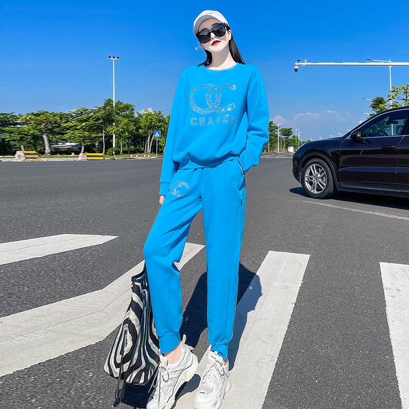 Fashion Casual Sports Suit Women Spring Autumn Season New Round Neckline Thick Cotton T Yanist Aging Running Suit Slim two sets