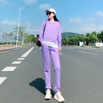 Casual sports suit womens 2021 spring and autumn new style stitching sweater Korean version fashion loose pullover head slimming two-piece suit