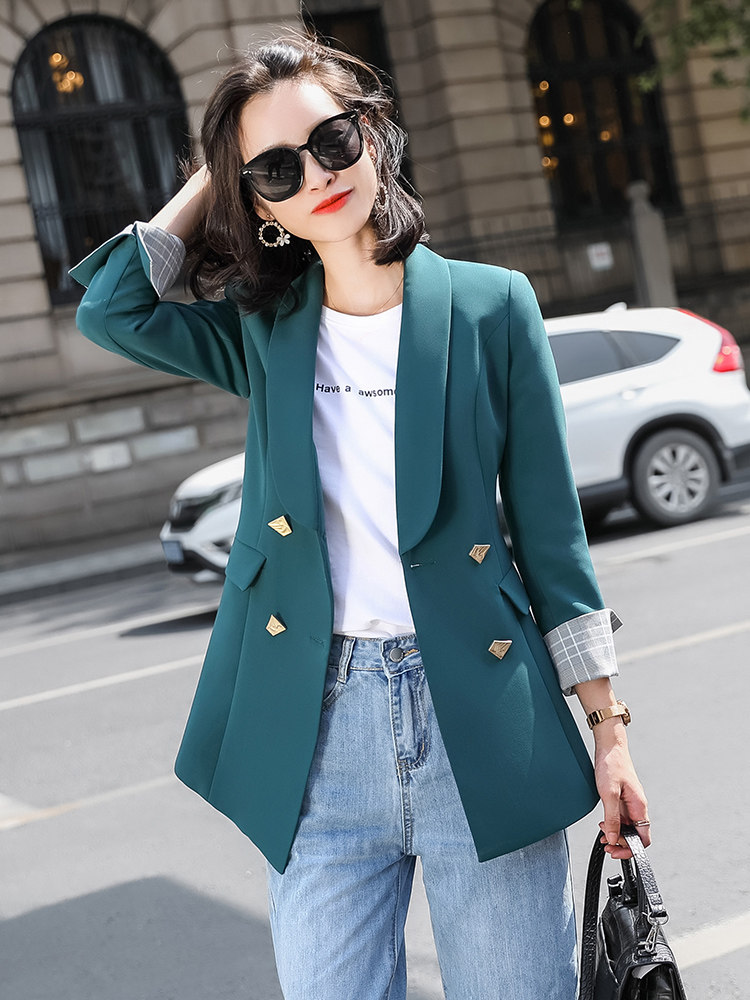 Green small suit jacket women's high-end sense top 2020 autumn and winter new fashion foreign style British style suit Korean version