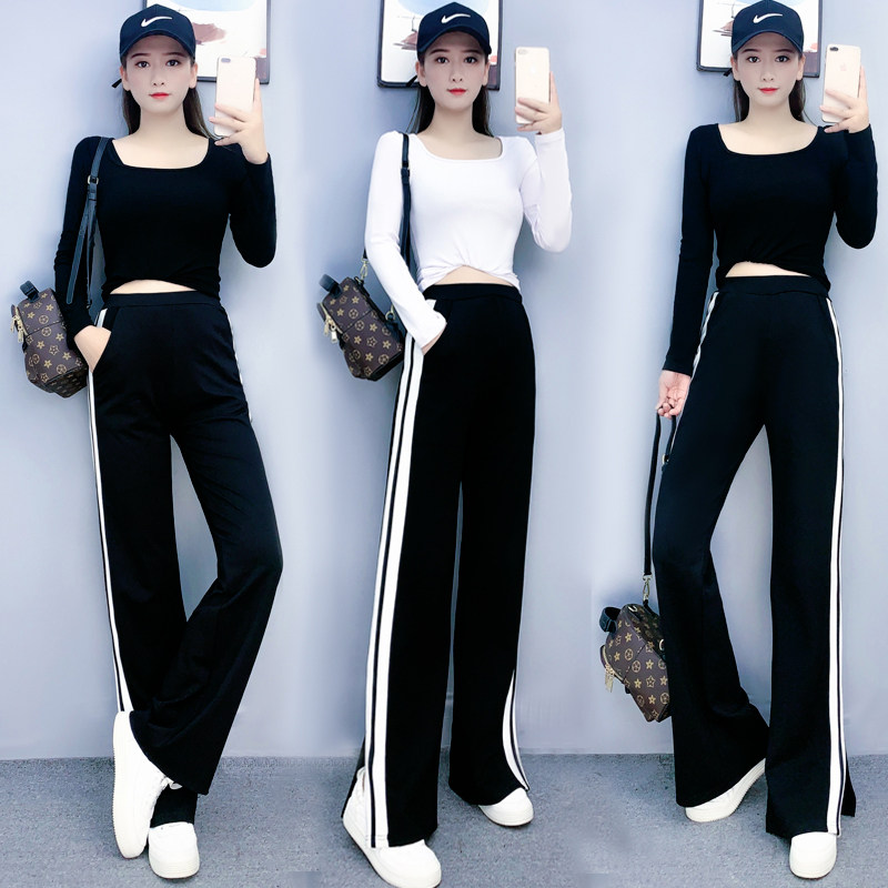 Wide Leg Pants Sports Suit Woman 2020 Autumn Clothing Yoga Blouse Loose Covety Straight Drum Pants Slim Casual Tug Pants 