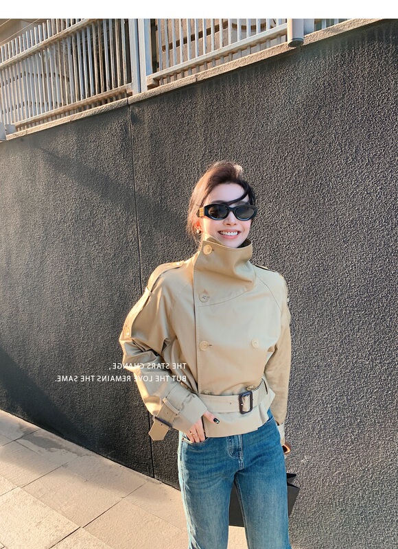 Khaki Short High-Neck Trench Coat for Petite Women, Trendy This Year, Spring and Autumn Korean Style Casual Double-Breasted Jacket
