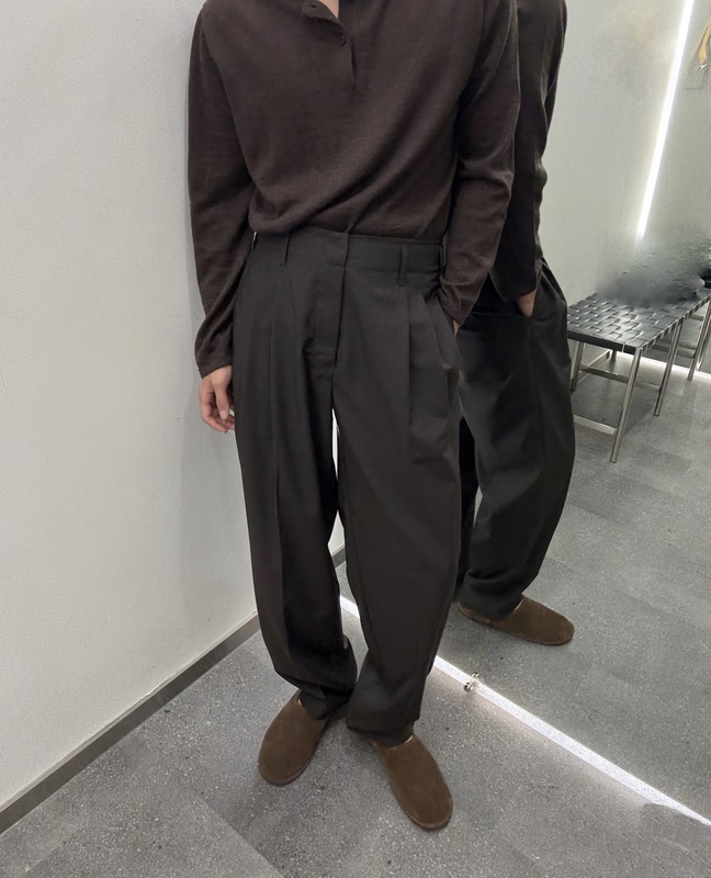 Lem Style 25Ss Wool Trousers with Floral Pattern, Brown Coffee Color, Slightly Tapered, Old Money Naples Style, Loose Straight-Leg Pants