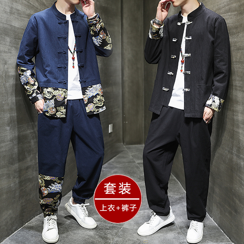 Chinese style men's clothing cotton and hemp retro style Hanfu slim-fit tunic linen suit Ancient Chinese youth Tang dress tide