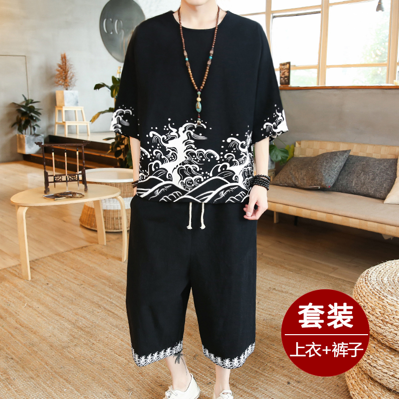 Chinese style men's linen t-shirt trendy brand short-sleeved fat man plus fat plus size loose cotton and linen suit trend summer