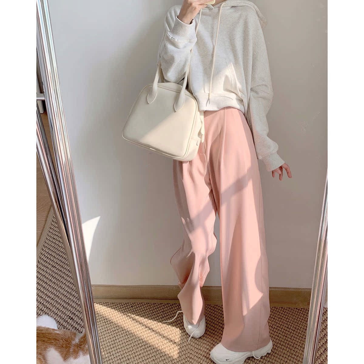 freshtaro grey powder straight drum pituitary pants female spring autumn loose high waist conspiculy slim fit long pants