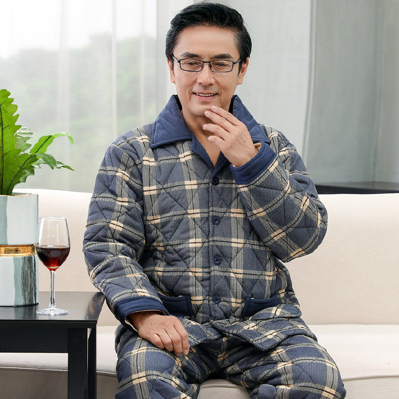 Winter middle aged men's men's pure cotton bunk cotton sleeping clothes autumn and winter day three layers of thickened warm dad cotton padded jacket