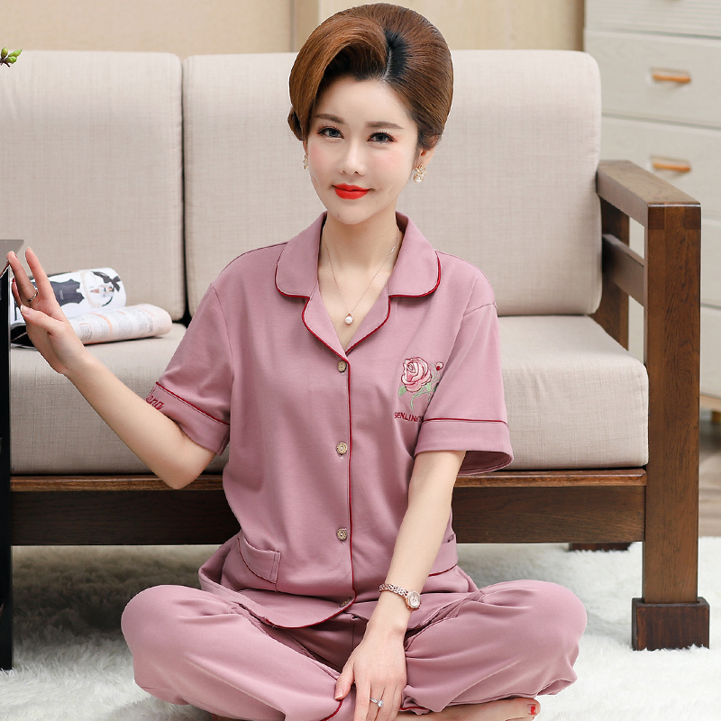 Trung niên và tuổi mẹ bộ đồ ngủ mùa hè bông ngắn tay phụ nữ quần áo quần nhà cotton mùa hè mỏng giản dị bộ.