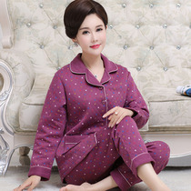 Autumn and winter middle-aged and elderly womens pajamas thin padded suit mother-in-law pure cotton sandwich warm grandma home clothes