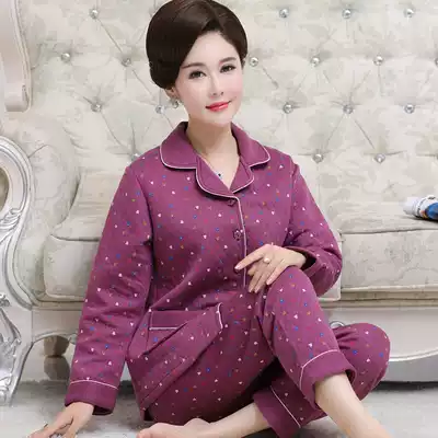 Autumn and winter middle-aged and elderly women's pajamas thin cotton suit mother-in-law cotton sandwich warm grandma home clothes