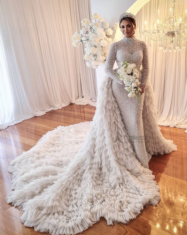 Luxurious Pearl Wedding Dress, Ethnic Style High-Neck Long-Sleeve Detachable Two-Piece Mermaid Gown with a Long Train