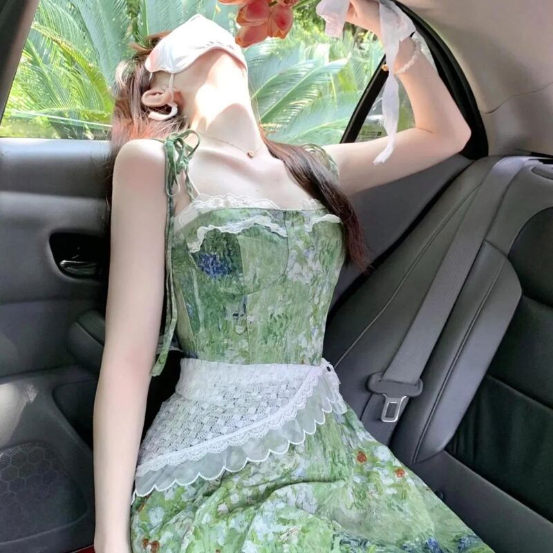 2025 Summer New Style Outfit, a Complete Set of Korean-Style Floral Mid-Length Dress for Women, Lace Waist-Cinching Slimming Dress