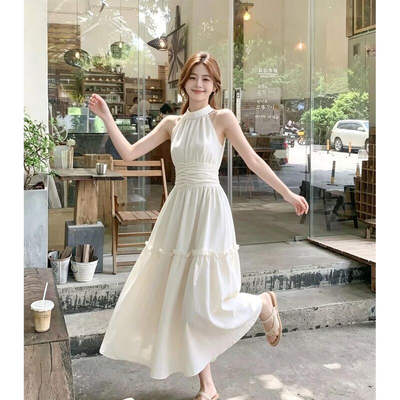French-Style Gentle and Elegant Sleeveless Halter Neck Tank Dress for Women, New Summer Model, Waist-Cinching and Slimming Long Dress