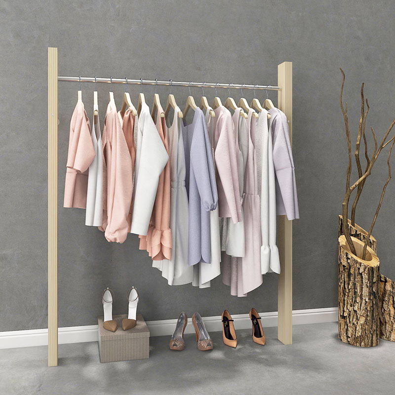 Women's clothing stores Stainless Steel Wire Drawing Solid Wood Posts Clothes Hanger Display Rack Shelves Wall-mounted Side Hanging show Show