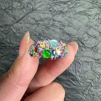Pure natural jade a-grade (high ice white + sunny green cabochon) design versatile ring (diversity number one)