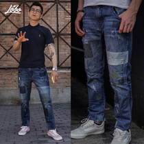 (Radish Mens Club) Splicing Heavy Industry Abrasive Washing Jeans Mens Loose Casual Pants