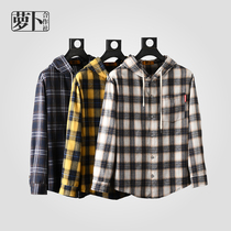 (Radish Co-op) Mens Hooded Plaid Shirt Loose Lapel Casual Jacket Plus Size Optional