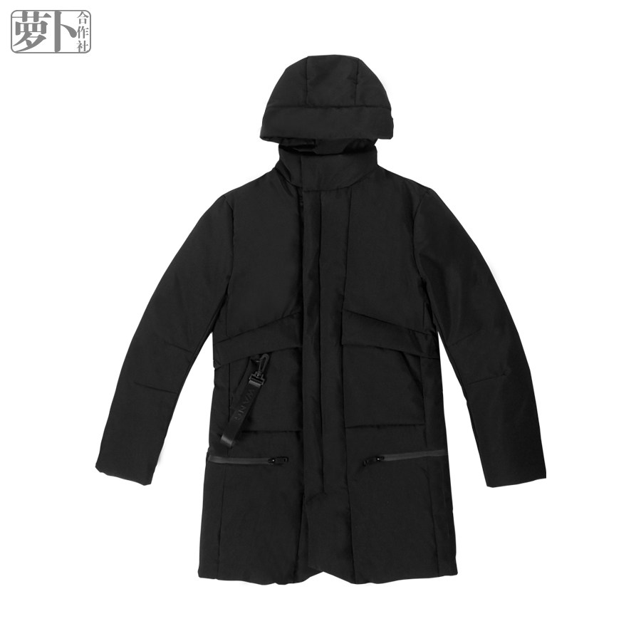 (Luo Hani Cooperative) Chen Zhen's new winter men's medium long version pure color handsome cotton clothing warm even hat jacket
