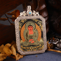 Pure hand-painted black gold thangka pendant Amitabha Buddha statue Zodiac original life Buddha sterling silver box Buddha card pendant