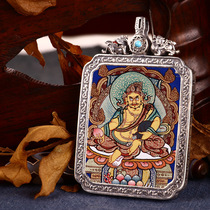 Pure hand-painted portable thangka pendant yellow Wealth God Lucky Buddha statue sterling silver handmade garu box decoration Buddha pendant