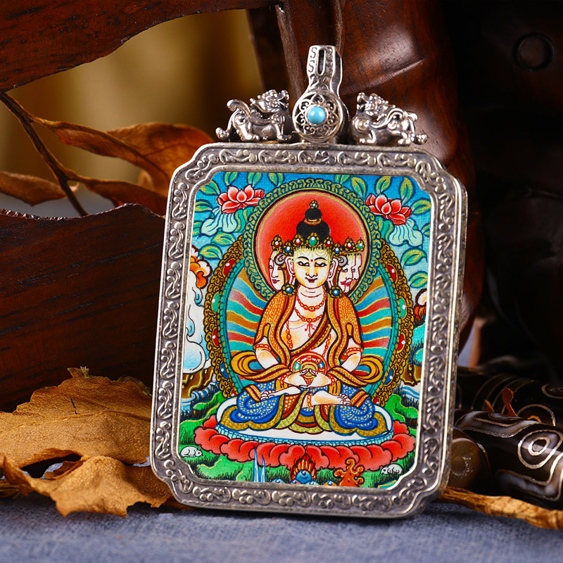 Pure hand-painted Thangka pendant, big day, Buddha statue, Zodiac patron God, life Buddha sterling silver