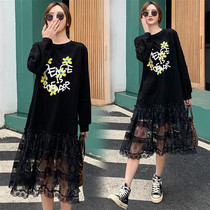 Fall new pint sweatshirt dress 2021 Loose Conspicothin Print Fake Two Stitch Lace Foreign Air Dress Dress
