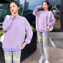Lazy Wind Womens Clothing 2021 New Stripes Long Sleeve T-Shirt Loose Han Prints and Nets Red 200 catty T-shirts