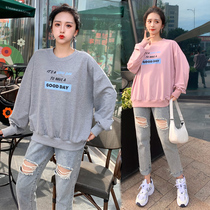 2021 fall round neck long sleeve t-shirt woman pure cotton blouse large code display slim fat mm letter with undershirt thin coat of clothing