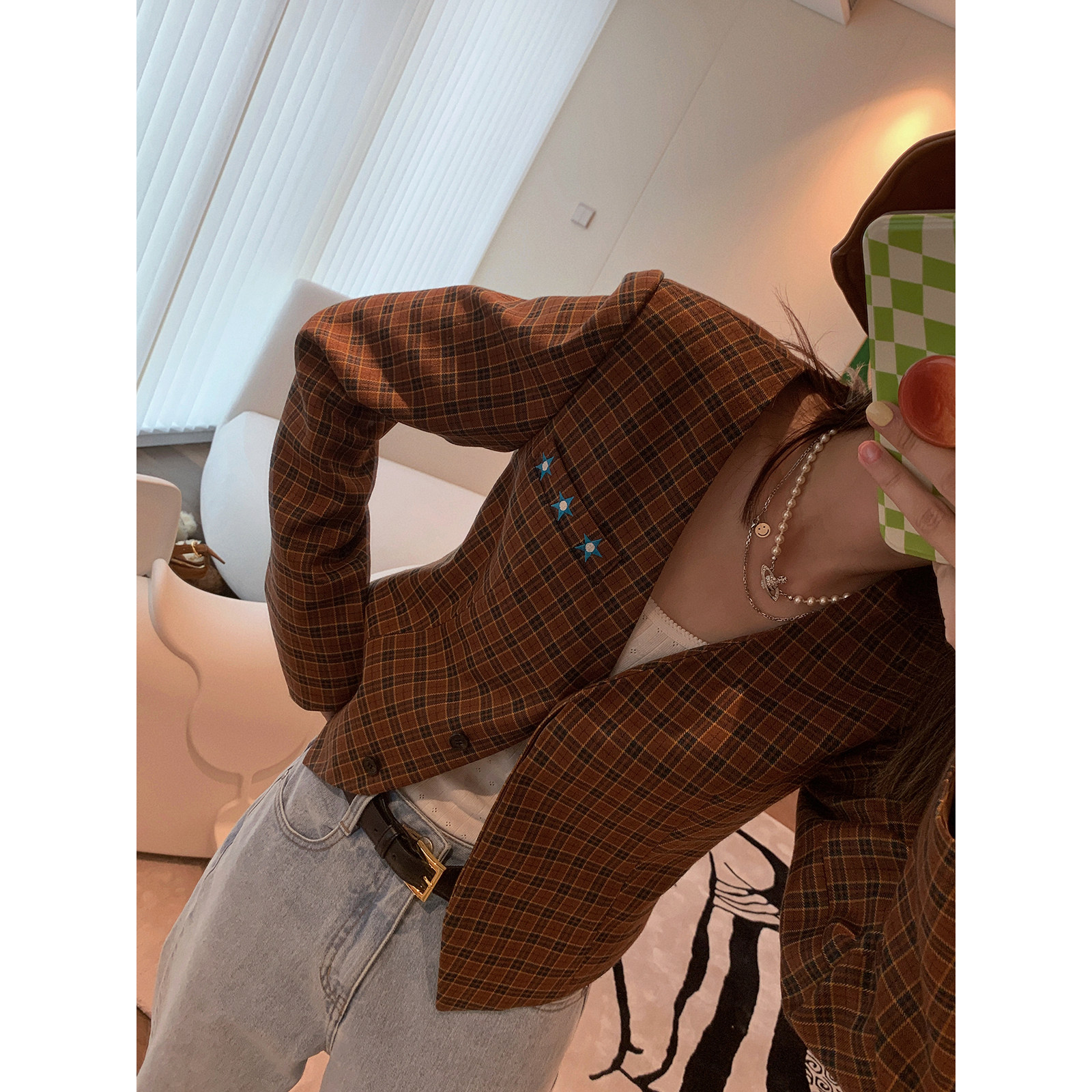 vcruan Axige vw collarless slim five-pointed star embroidery retro plaid suit skirt suit female summer