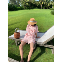 (Welfare Return field) ccddgg bow tie can be detached plaid short sleeve shirt shorts two-piece set