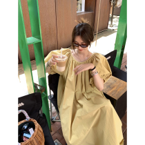 Ashigo vcruan Champagne Big Skirt Round Neck Dress Female Summer 2021 New Shoulder Sleeve Long Skirt