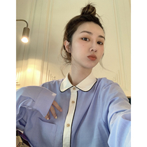 Ashigo vcruan ancient eat small round neck blue shirt womens early autumn New 2021 color bubble sleeve shirt