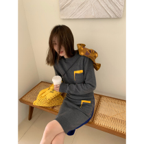 Ashigo vcruan Mani pocket gray color color sweater skirt set set set women autumn 2021 New