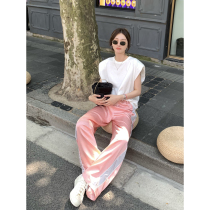 Ashigo vcruan colorblock silky boxing pants women loose straight 2021 summer thin high waist casual pants women