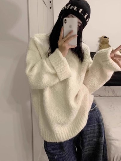 Элитный мягкий молочно-белый свитер для женщин, осенне-зимний свободный крой, пушистый и непринужденный пуловер, толстый вязаный топ.