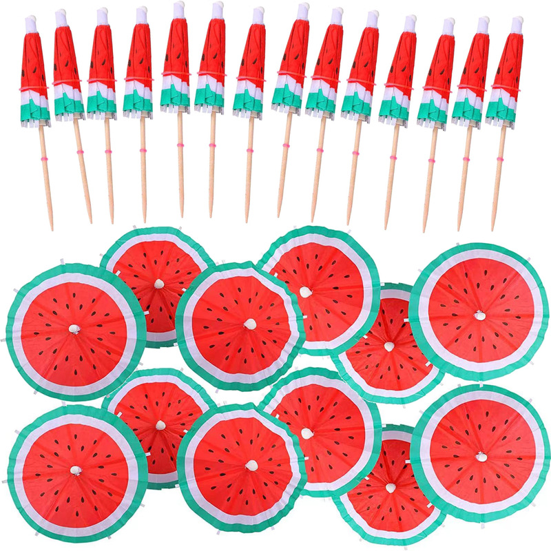 50 Watermelon Umbrellas, Octagonal Umbrella Picks, Disposable Fruit Coconut Tree Cold Dish Cocktail Decorations, Hawaiian Party Crafts