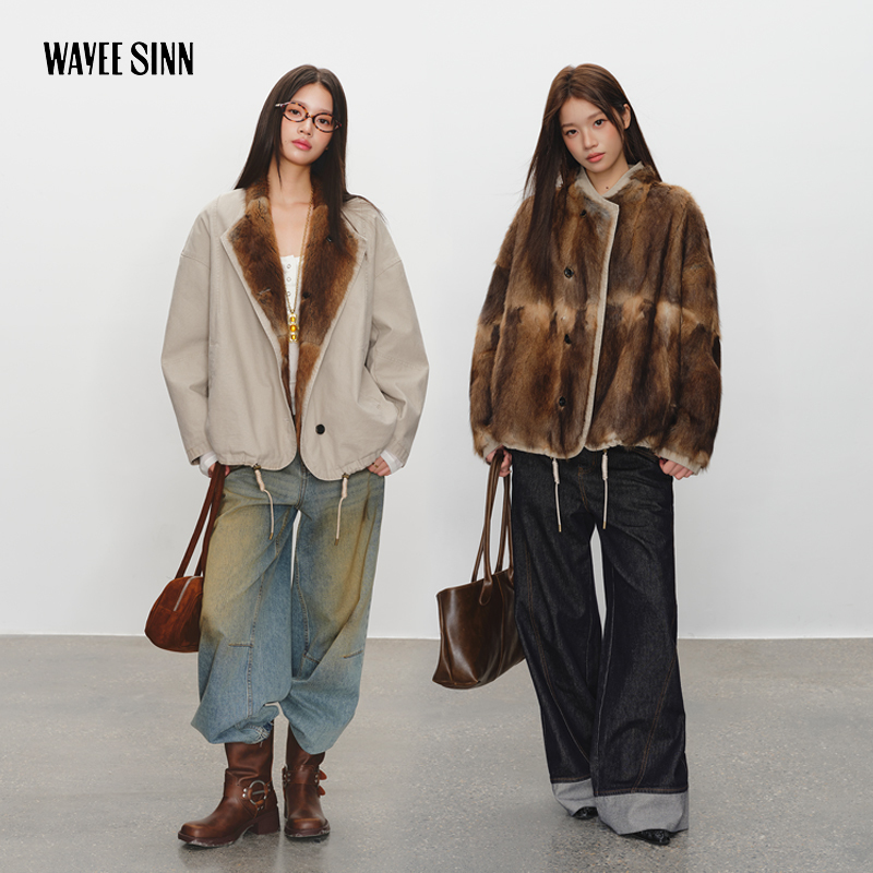 Weiyi Fur Aurora Wild Field Light Khaki Mink Small Stand Collar Parka Women's Loose Simple Warm Coat