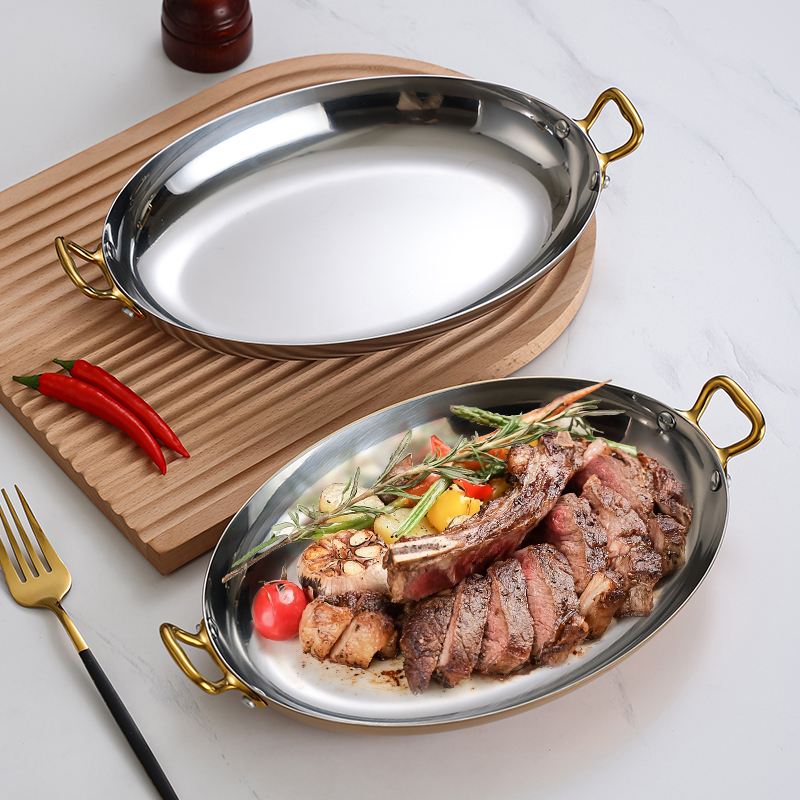 Stainless Steel Western-Style Dinner Plate Spanish Seafood Lobster Plate Commercial Double-Handle Oval Tomahawk Steak Plate French Tableware