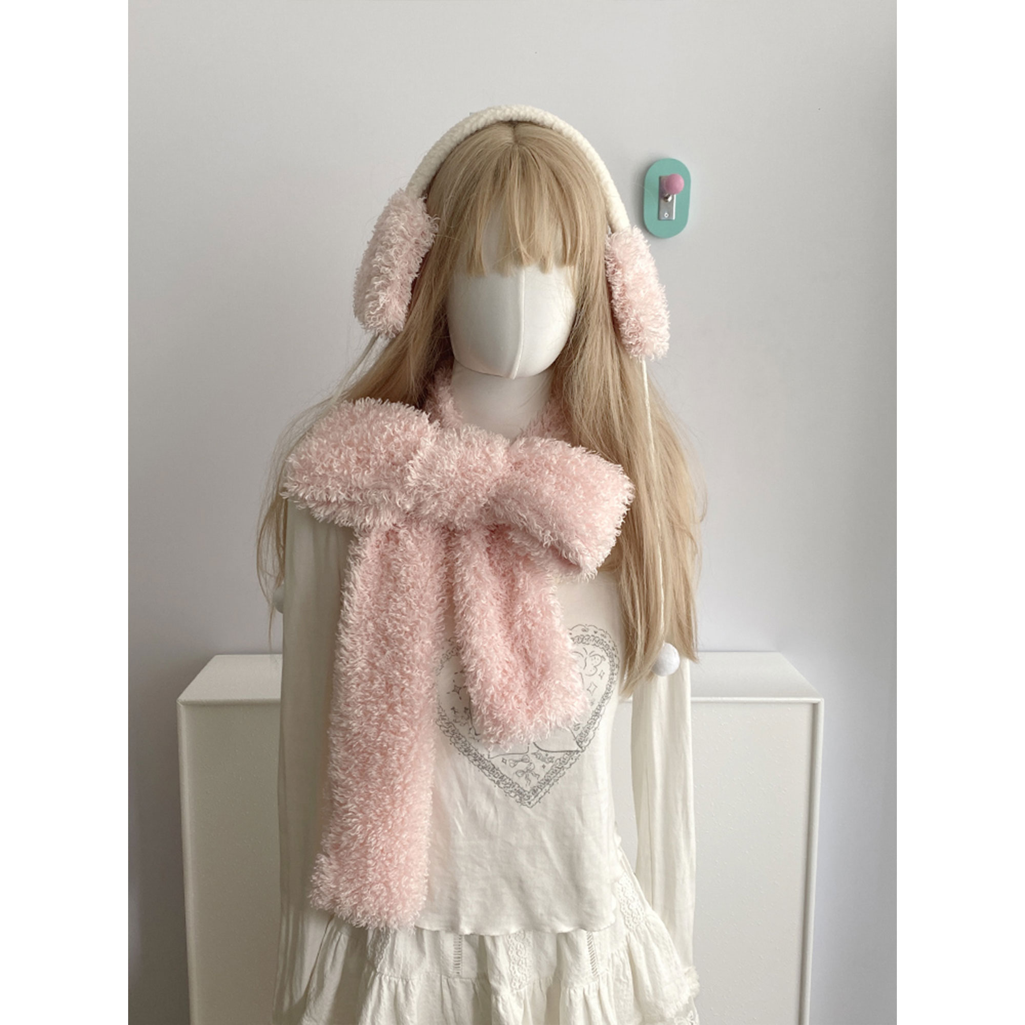 TAKONG Pink Fluffy Teddy Bear Scarf, Soft and Skin-Friendly with Bow, Versatile Girlish Neck Warmer