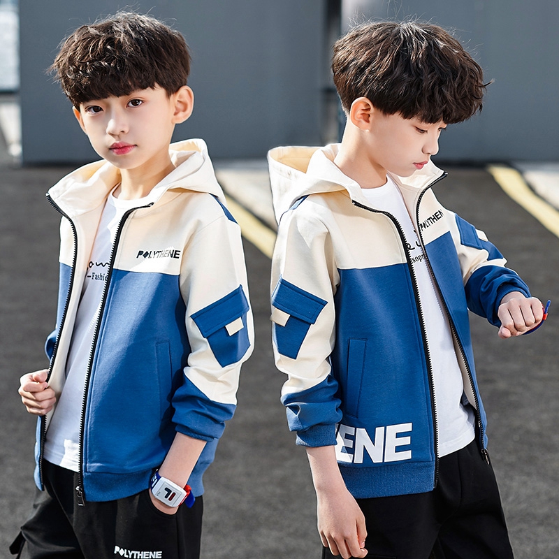 Boy's spring clothing jacket 2023 new spring and autumn money Children's foreign air CUHK Tong blouses boy jacket Even hat handsome 