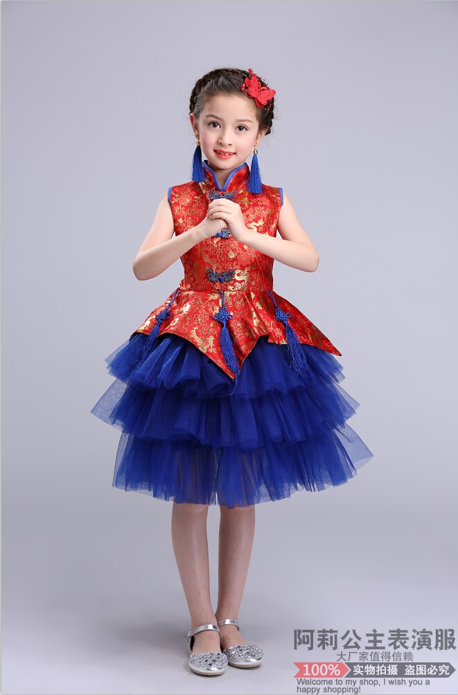 Trẻ em phong cách Trung Quốc trang phục cô gái mô hình sàn catwalk váy đuôi váy dạ hội guzheng chơi công chúa váy hiệu suất quần áo áo len bé trai